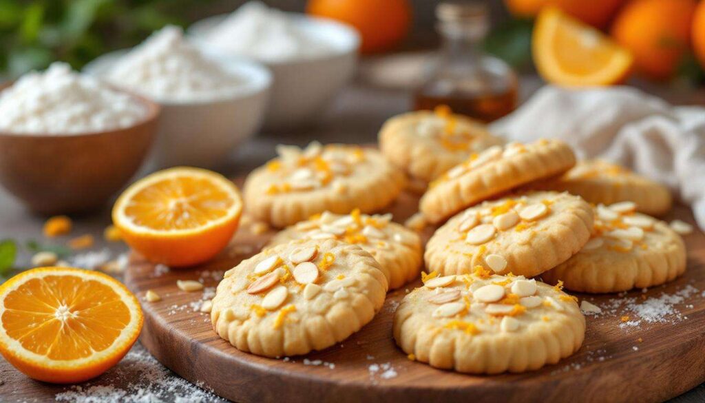 Biscotti di pasta frolla all'arancia con mandorle e cioccolato bianco croccante