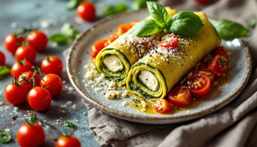 Cannelloni di zucchine al forno: ricotta e pesto con pomodorini, pronti in 15 minuti